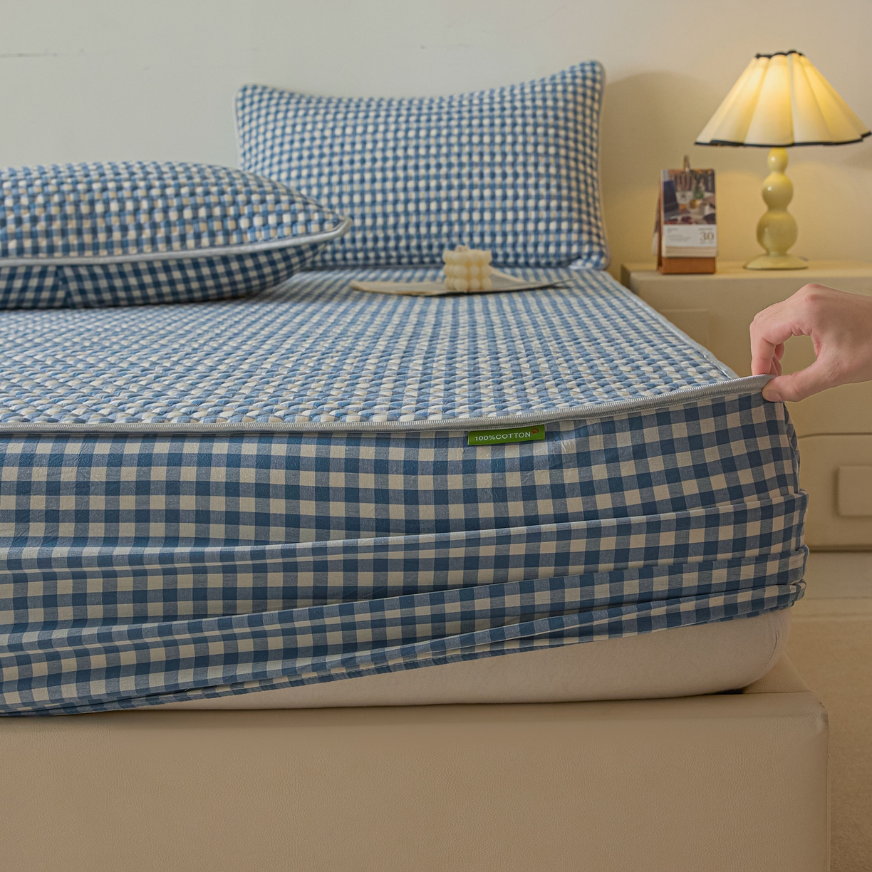 91家纺网 家纺一手货源 找家纺 芬晴家纺 2025新款色织全棉棉花床笠 经典格