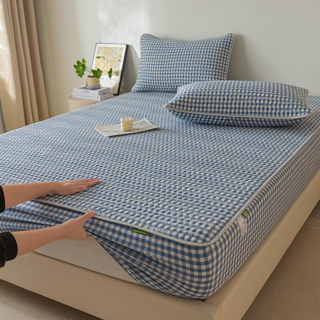 91家纺网 家纺一手货源 找家纺 芬晴家纺 2025新款色织全棉棉花床笠 经典格