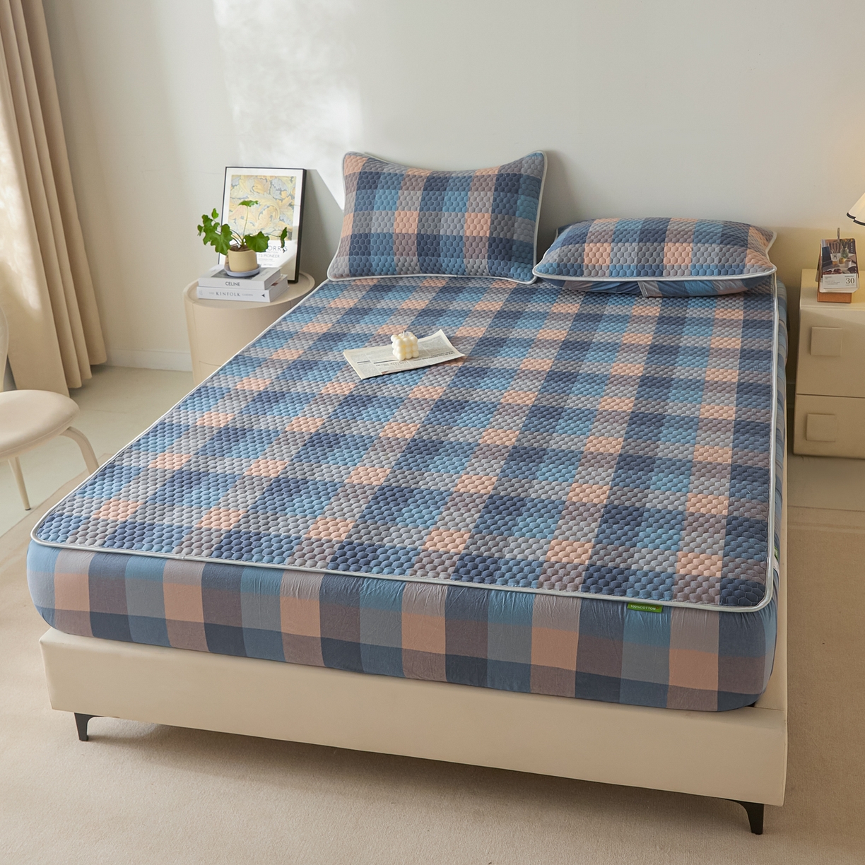 91家纺网 家纺一手货源 找家纺 芬晴家纺 2025新款色织全棉棉花床笠 诺卡