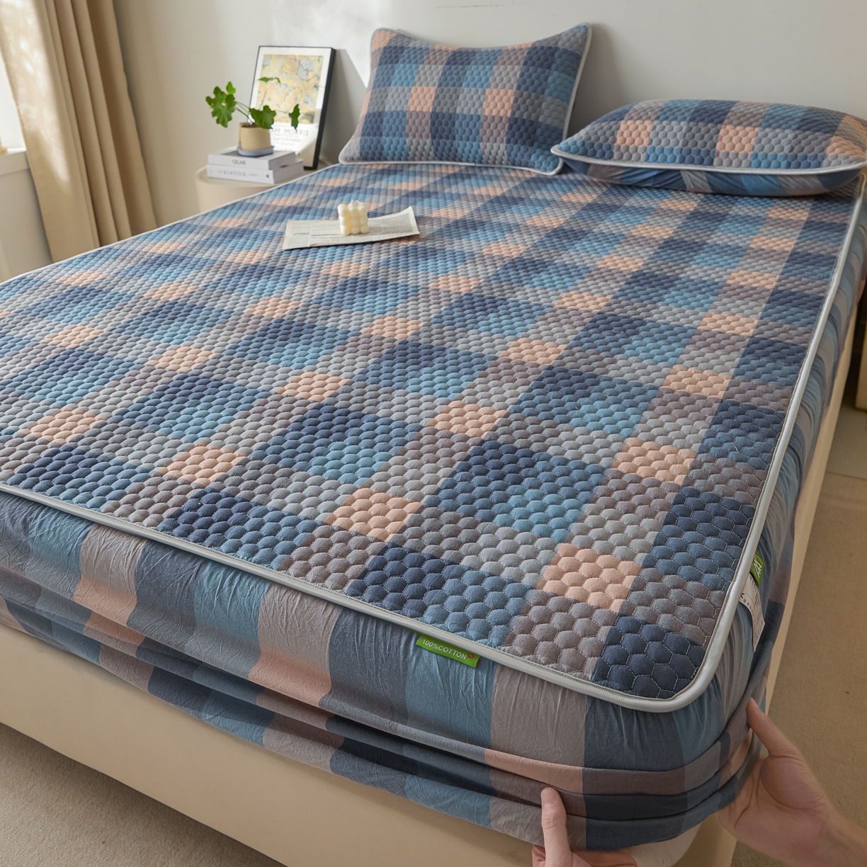 91家纺网 家纺一手货源 找家纺 芬晴家纺 2025新款色织全棉棉花床笠 诺卡