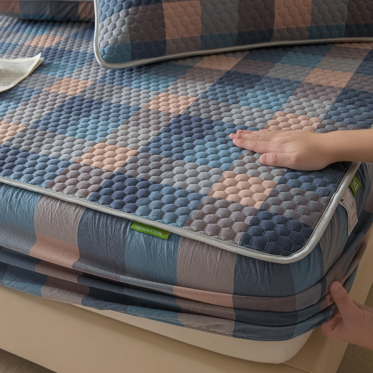 91家纺网 家纺一手货源 找家纺 芬晴家纺 2025新款色织全棉棉花床笠 诺卡