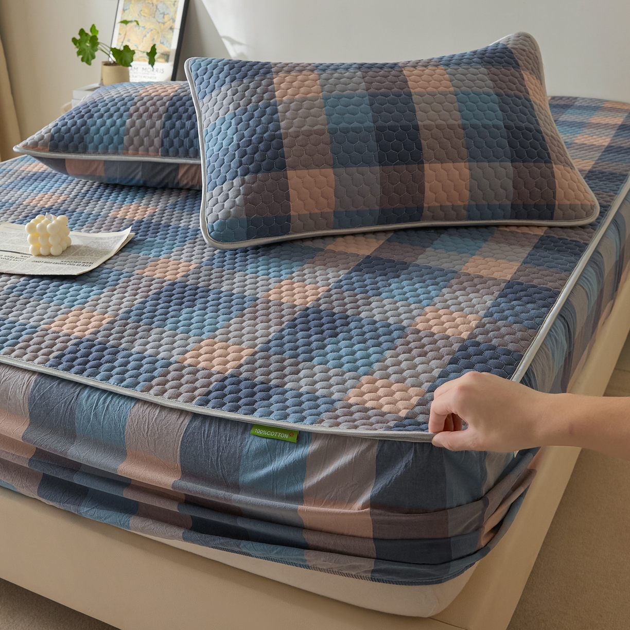 91家纺网 家纺一手货源 找家纺 芬晴家纺 2025新款色织全棉棉花床笠 诺卡