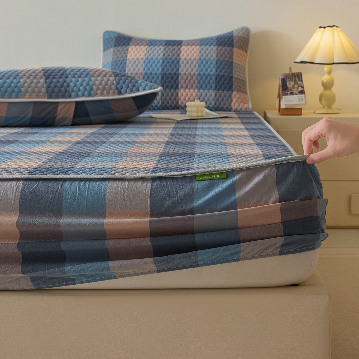 91家纺网 家纺一手货源 找家纺 芬晴家纺 2025新款色织全棉棉花床笠 诺卡