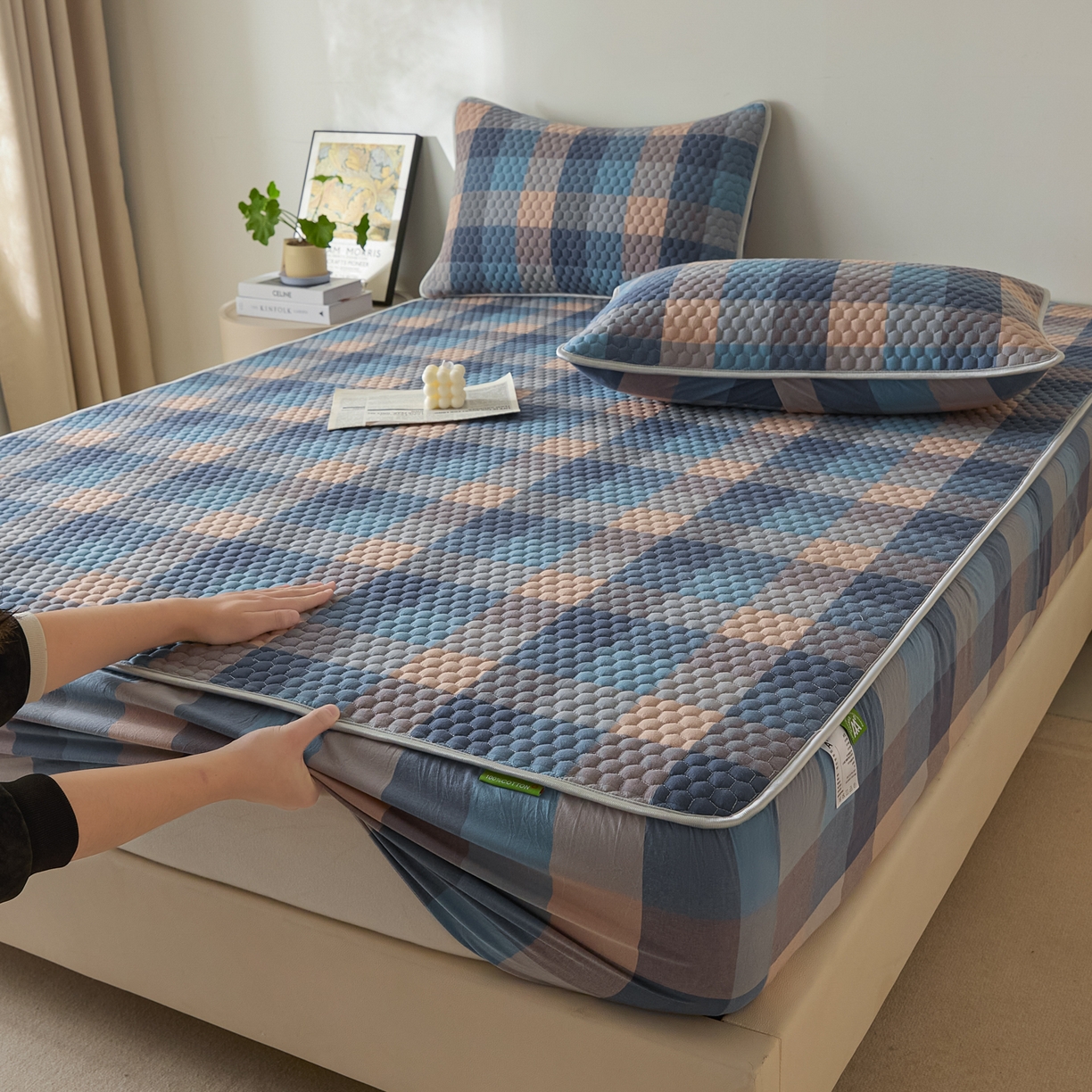 91家纺网 家纺一手货源 找家纺 芬晴家纺 2025新款色织全棉棉花床笠 诺卡