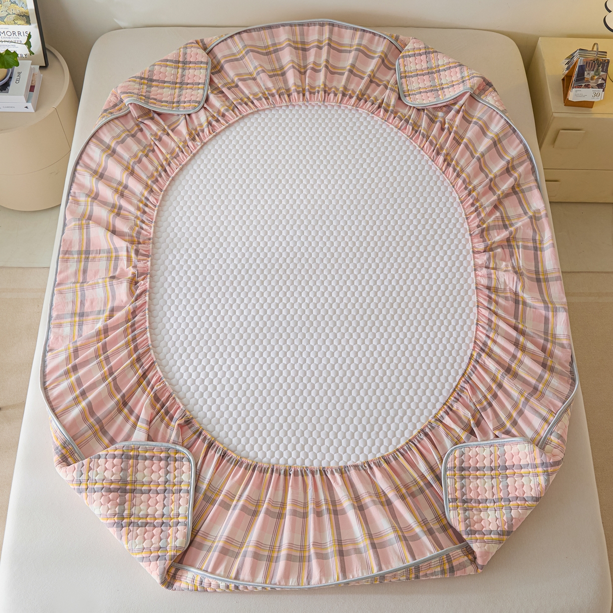 91家纺网 家纺一手货源 找家纺 芬晴家纺 2025新款色织全棉棉花床笠 清风-粉