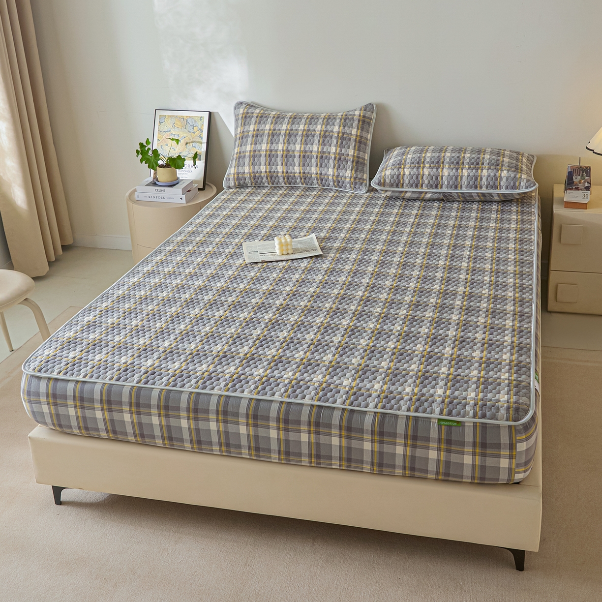 91家纺网 家纺一手货源 找家纺 芬晴家纺 2025新款色织全棉棉花床笠 清风-灰