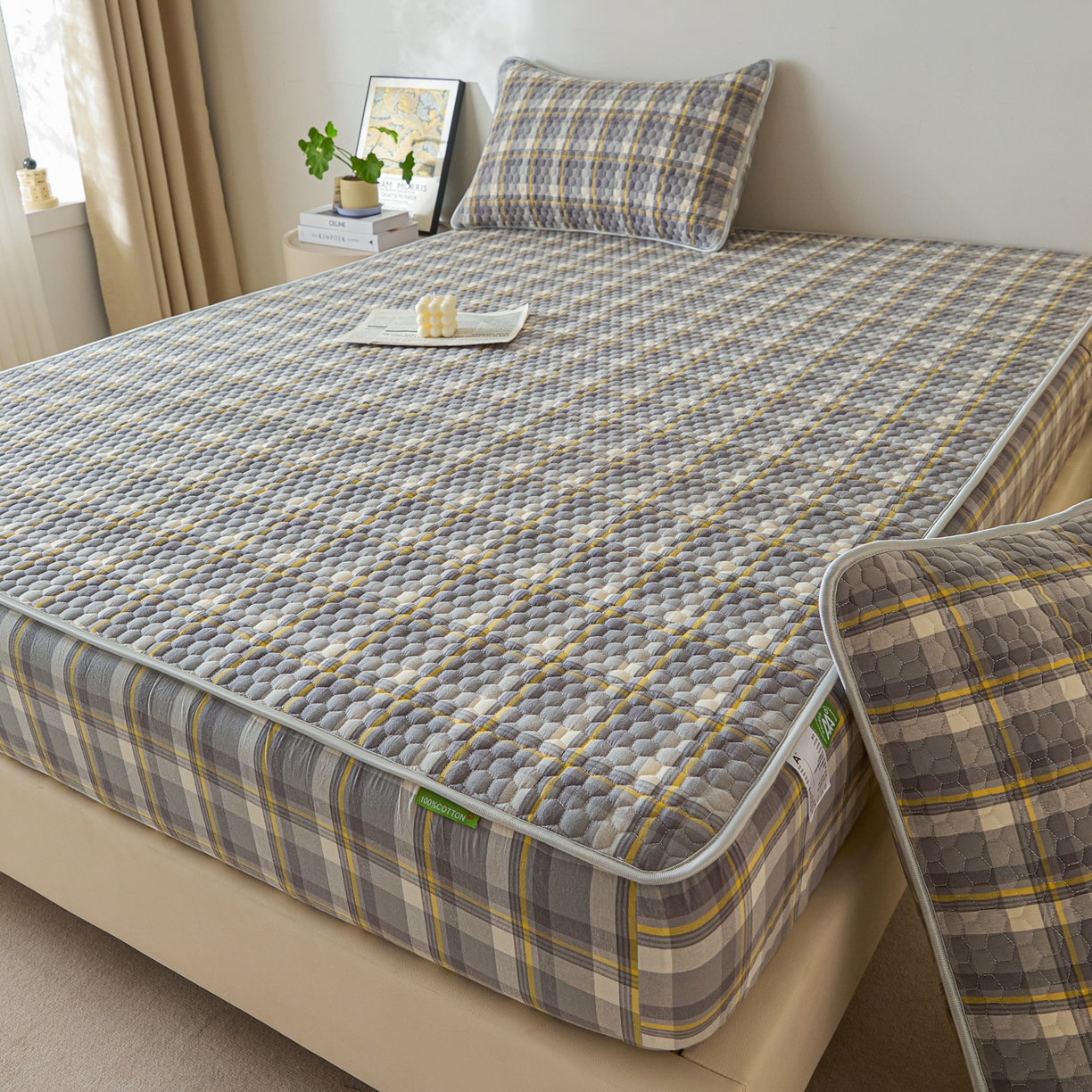 91家纺网 家纺一手货源 找家纺 芬晴家纺 2025新款色织全棉棉花床笠 清风-灰