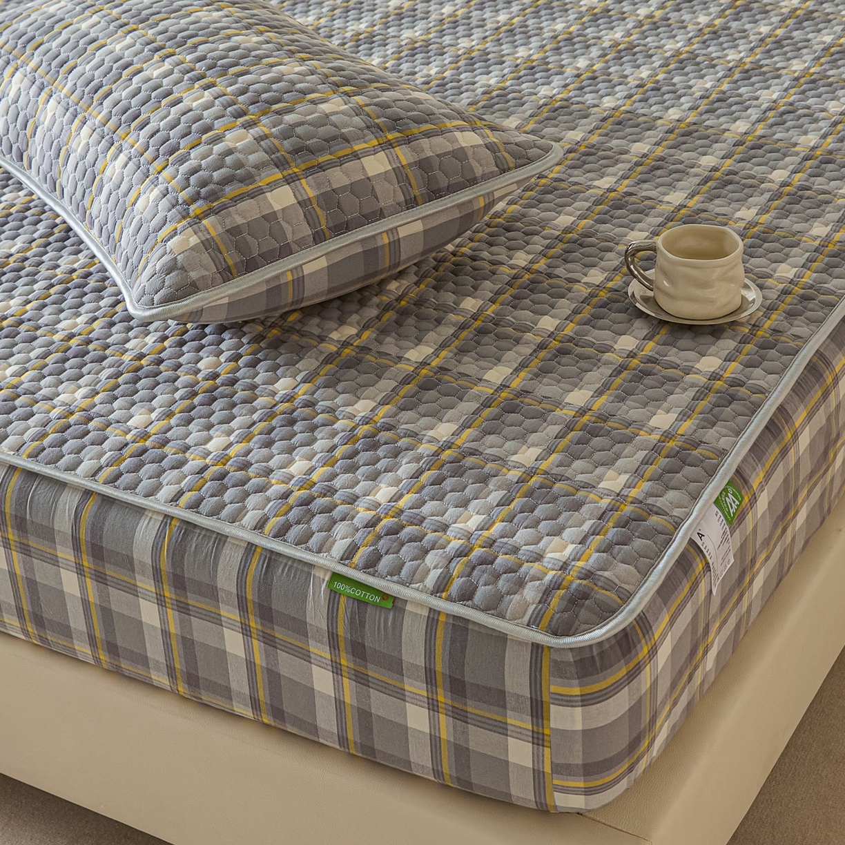 91家纺网 家纺一手货源 找家纺 芬晴家纺 2025新款色织全棉棉花床笠 清风-灰