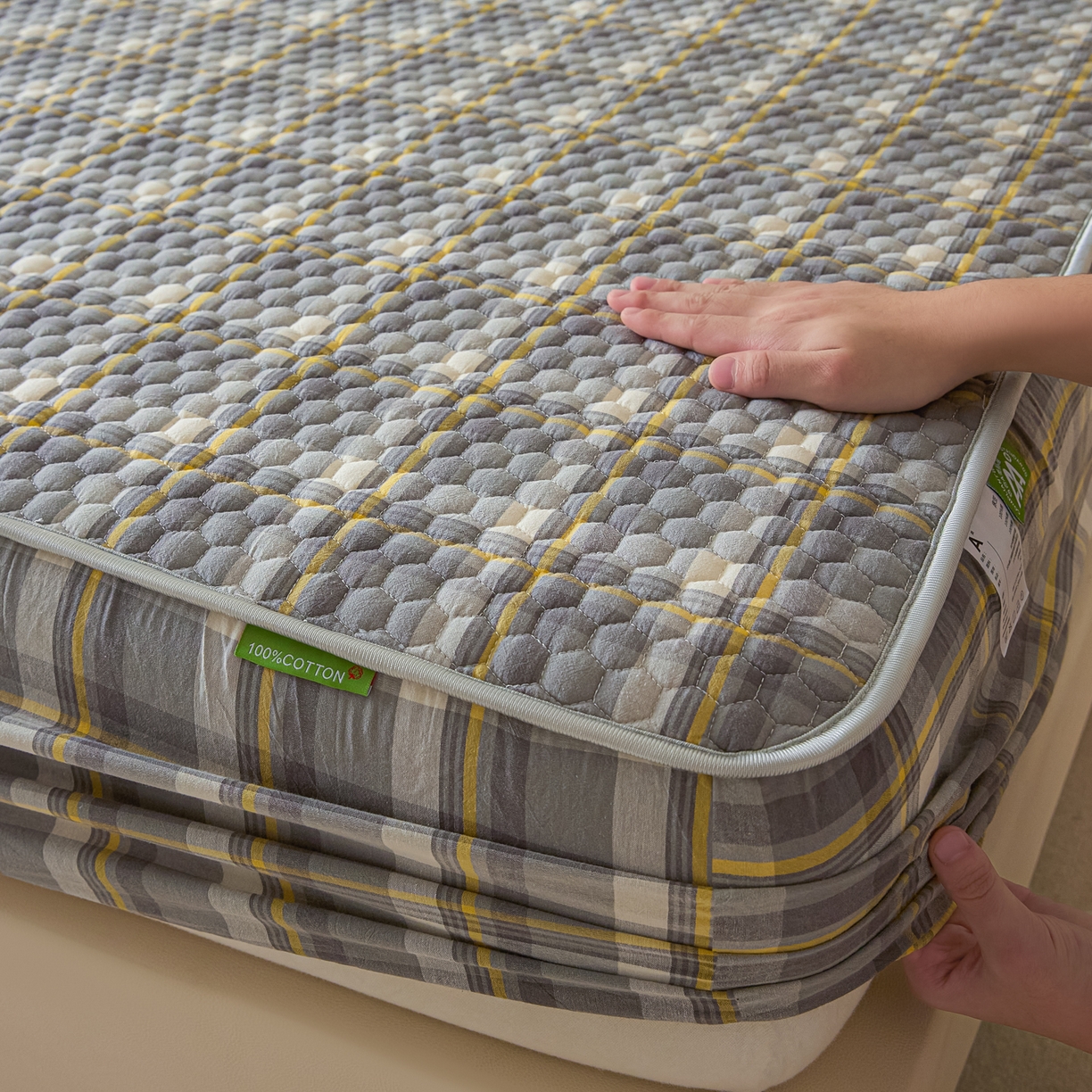 91家纺网 家纺一手货源 找家纺 芬晴家纺 2025新款色织全棉棉花床笠 清风-灰