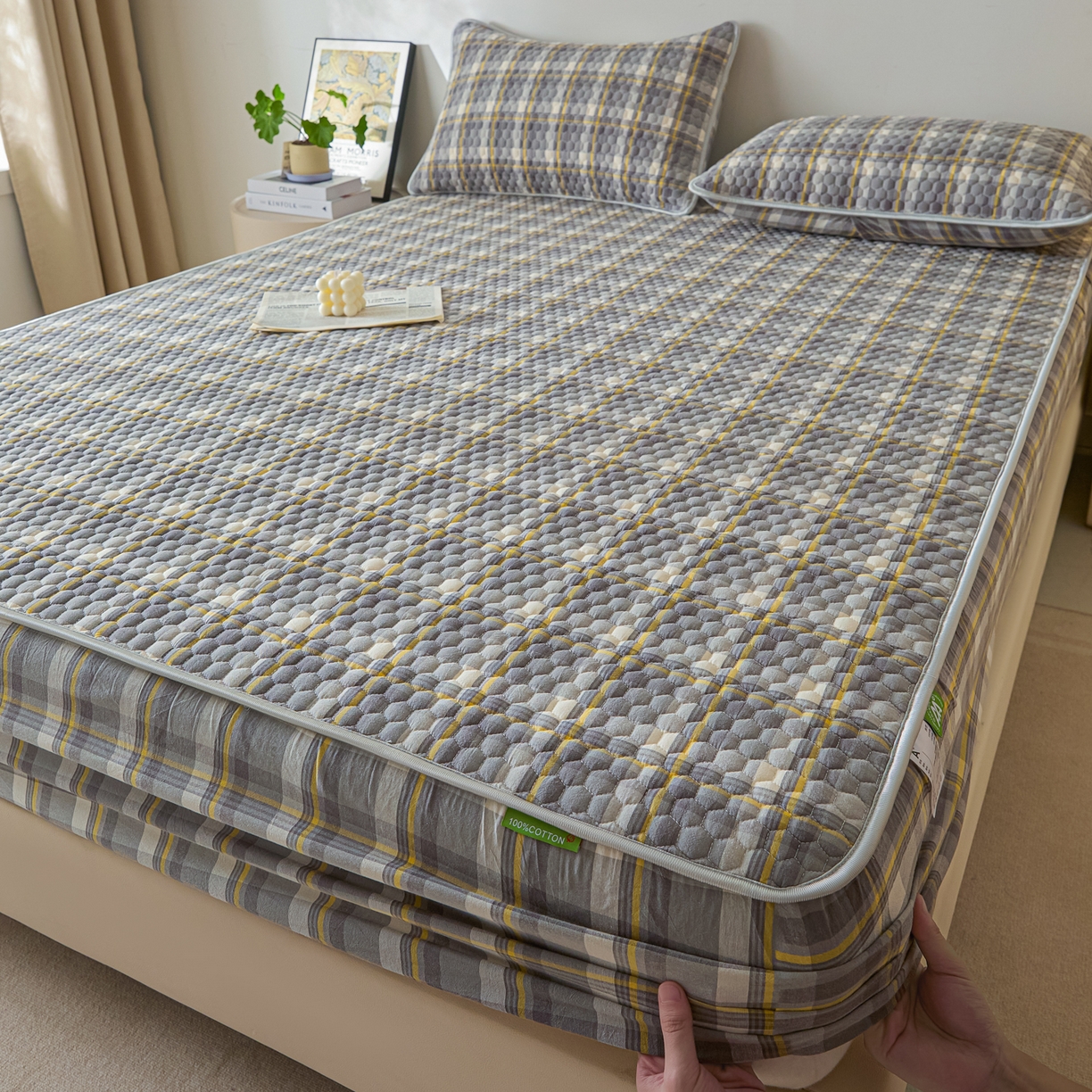 91家纺网 家纺一手货源 找家纺 芬晴家纺 2025新款色织全棉棉花床笠 清风-灰