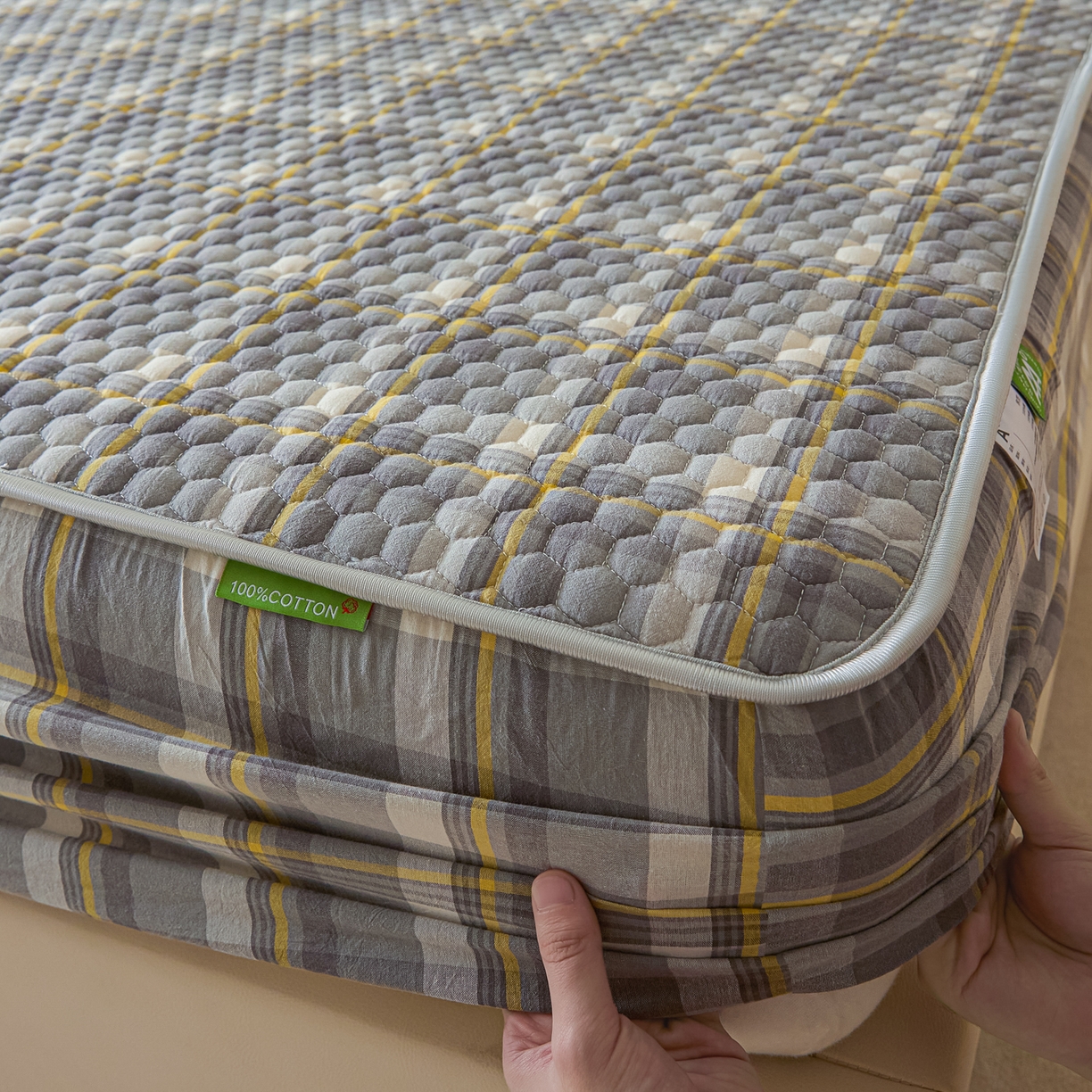 91家纺网 家纺一手货源 找家纺 芬晴家纺 2025新款色织全棉棉花床笠 清风-灰