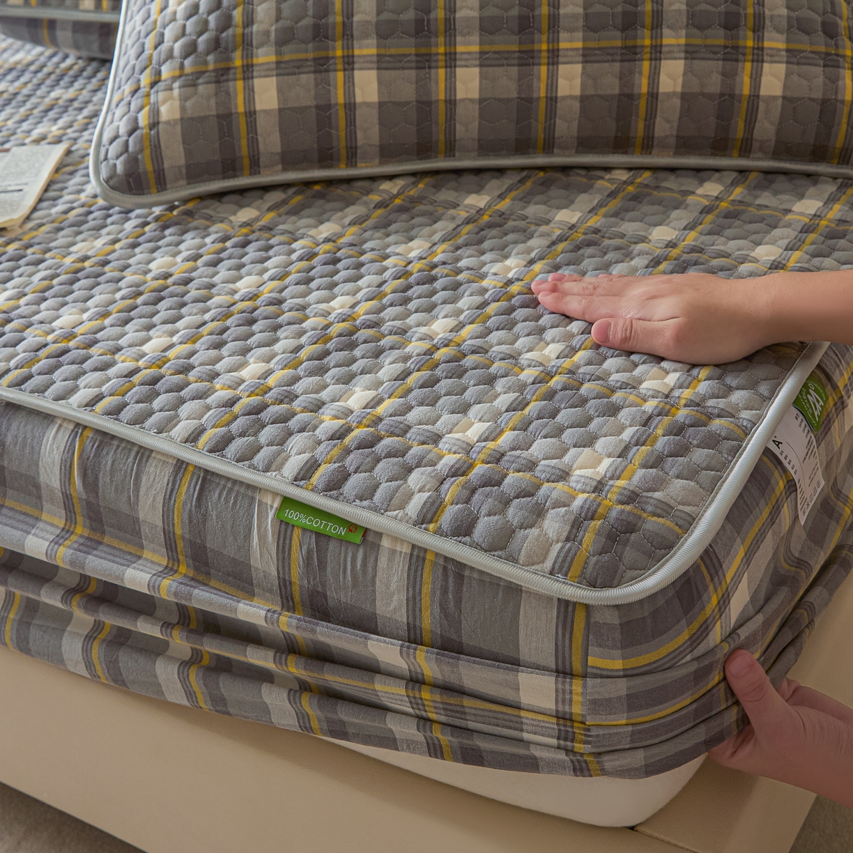 91家纺网 家纺一手货源 找家纺 芬晴家纺 2025新款色织全棉棉花床笠 清风-灰