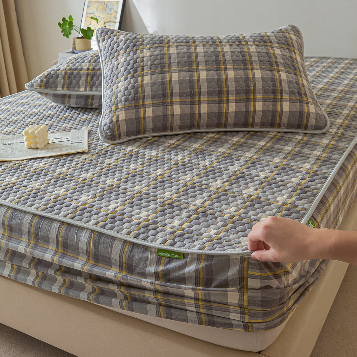 91家纺网 家纺一手货源 找家纺 芬晴家纺 2025新款色织全棉棉花床笠 清风-灰