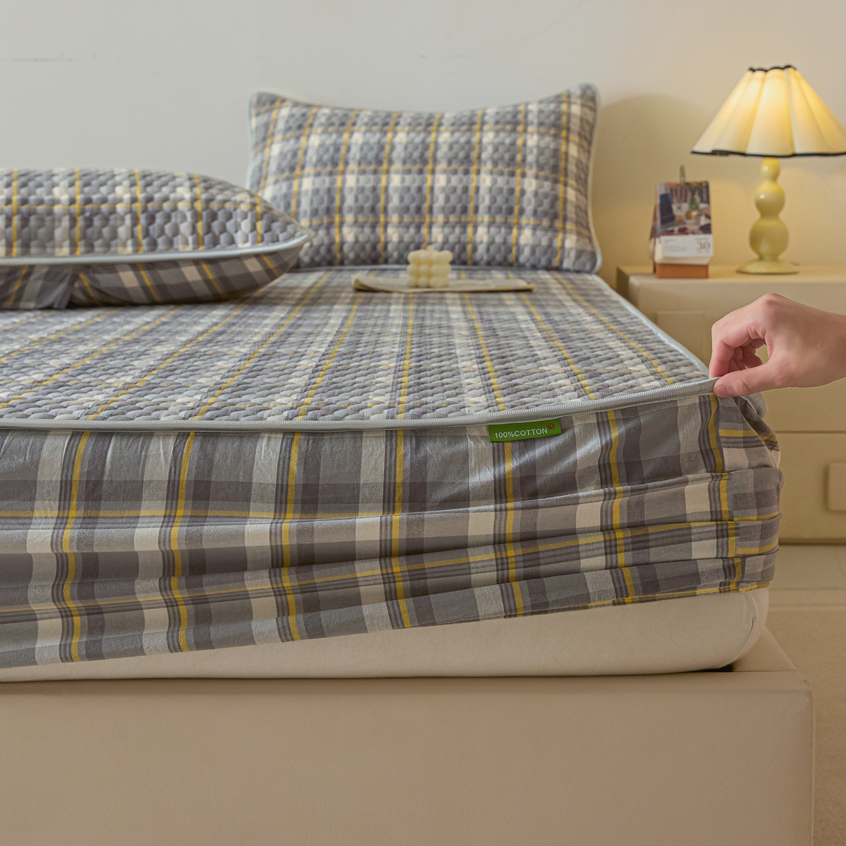 91家纺网 家纺一手货源 找家纺 芬晴家纺 2025新款色织全棉棉花床笠 清风-灰