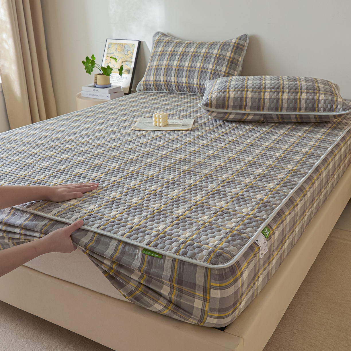 91家纺网 家纺一手货源 找家纺 芬晴家纺 2025新款色织全棉棉花床笠 清风-灰