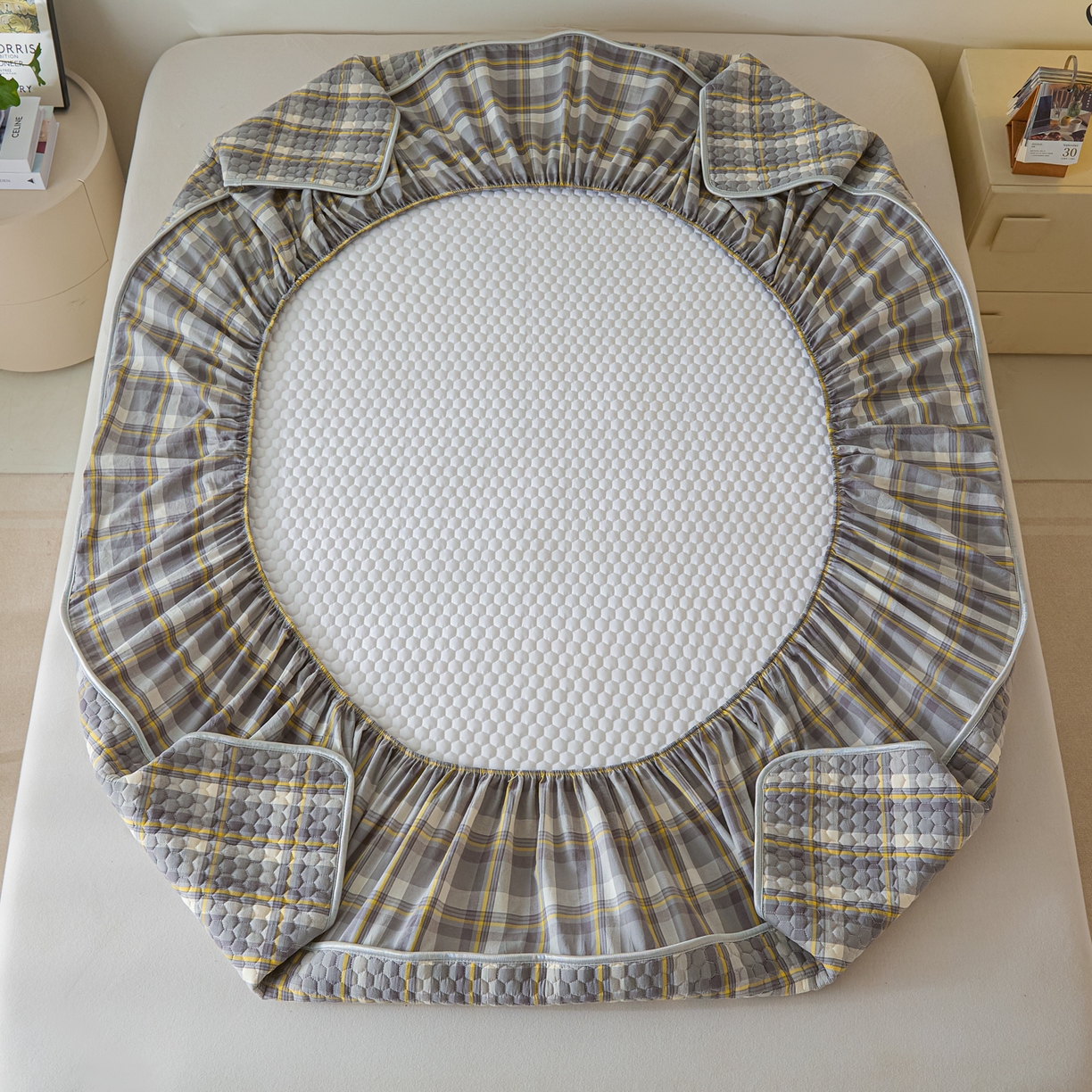 91家纺网 家纺一手货源 找家纺 芬晴家纺 2025新款色织全棉棉花床笠 清风-灰