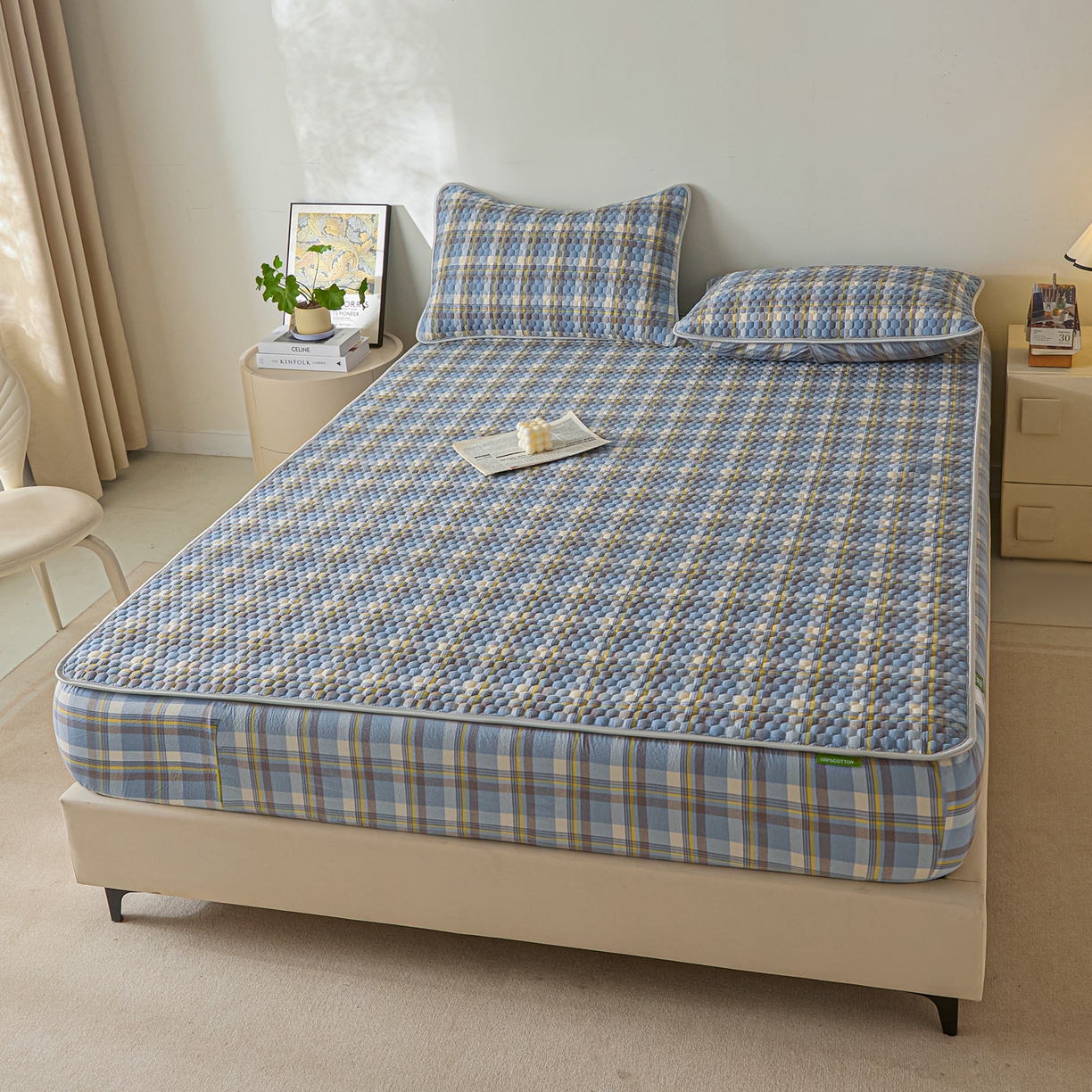 91家纺网 家纺一手货源 找家纺 芬晴家纺 2025新款色织全棉棉花床笠 清风-兰