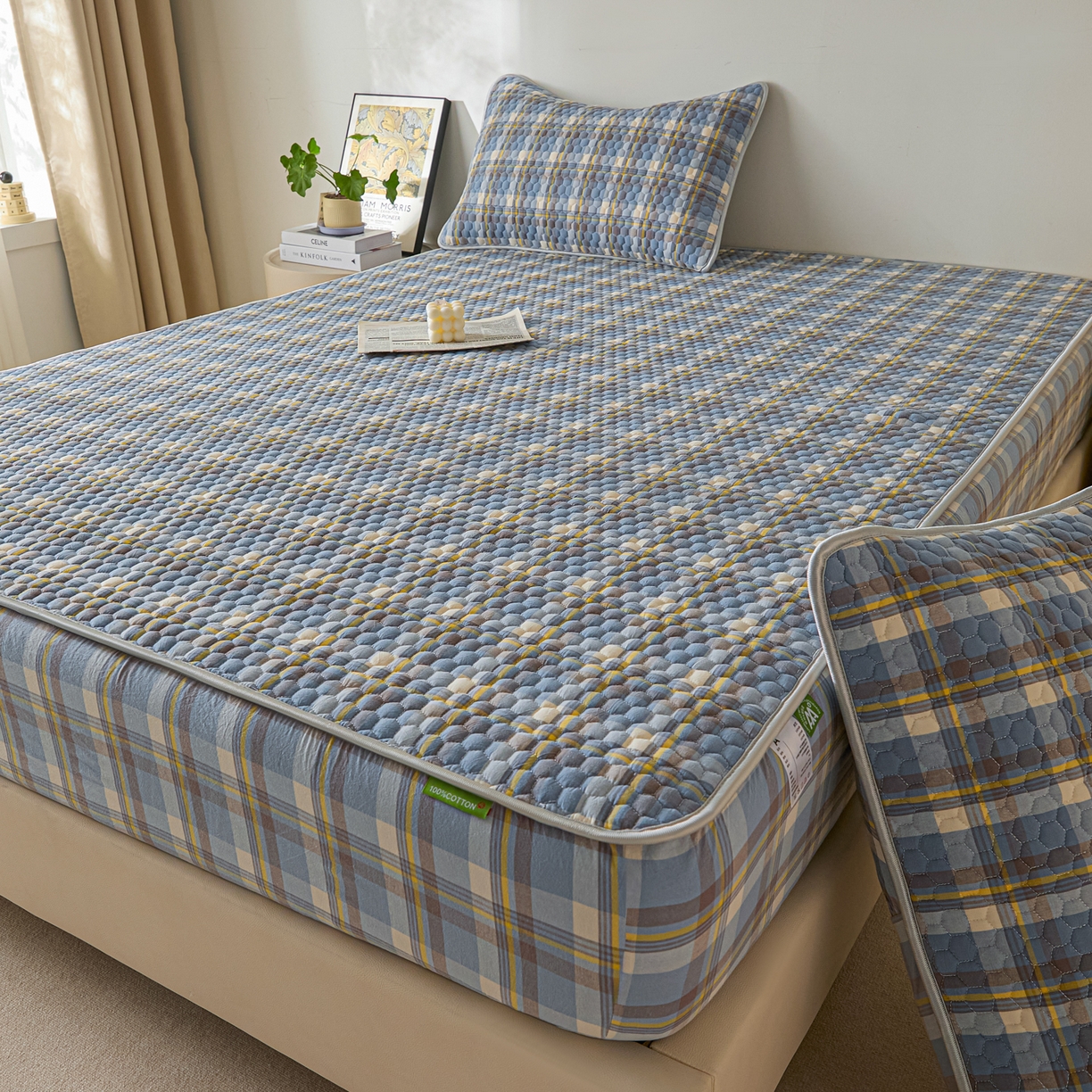 91家纺网 家纺一手货源 找家纺 芬晴家纺 2025新款色织全棉棉花床笠 清风-兰