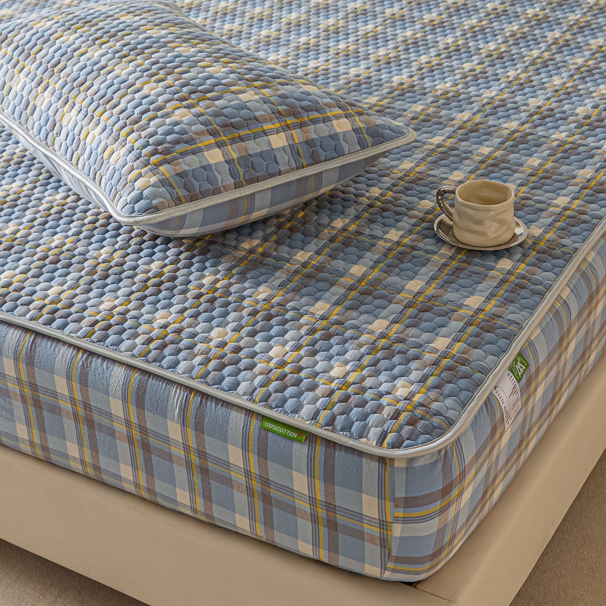 91家纺网 家纺一手货源 找家纺 芬晴家纺 2025新款色织全棉棉花床笠 清风-兰