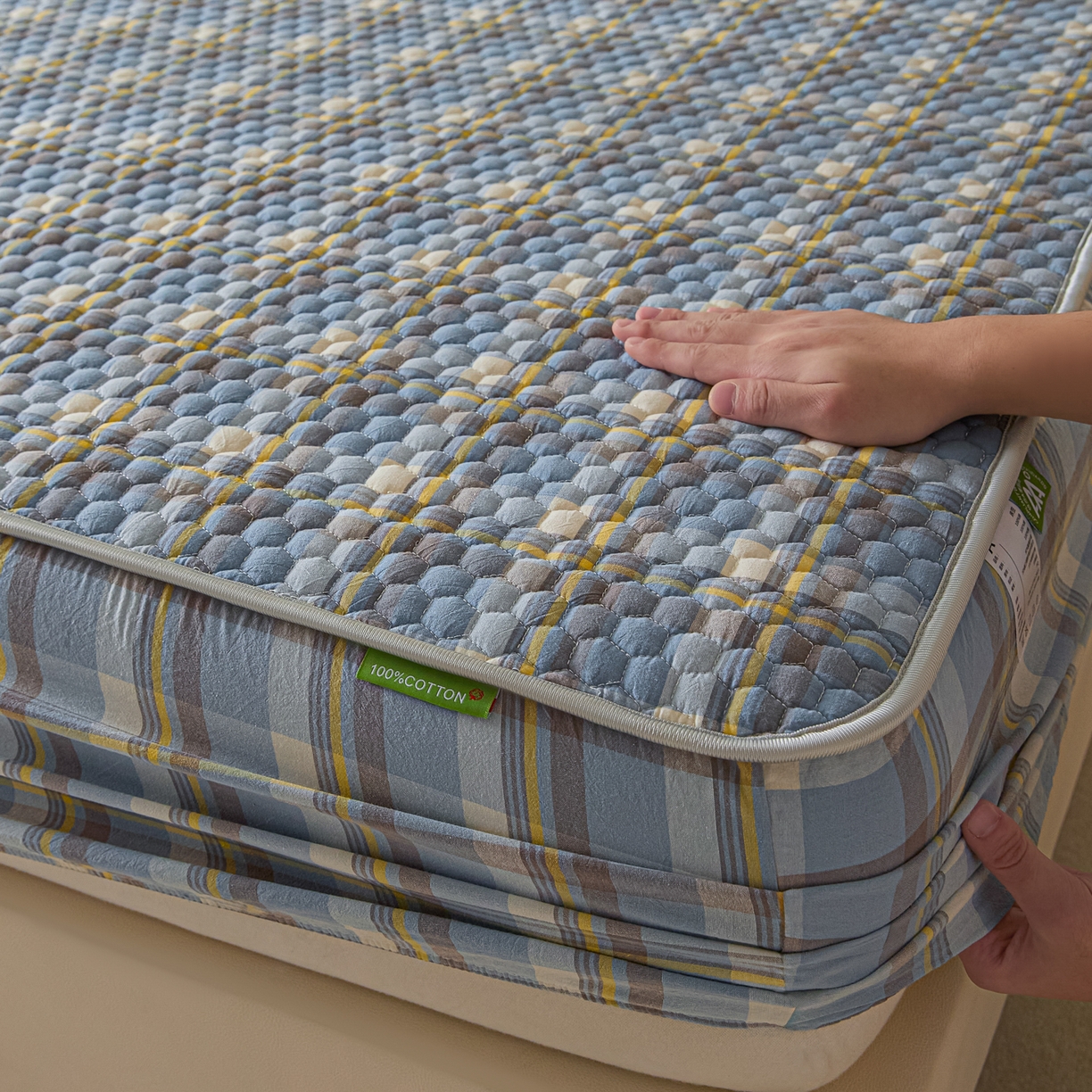 91家纺网 家纺一手货源 找家纺 芬晴家纺 2025新款色织全棉棉花床笠 清风-兰