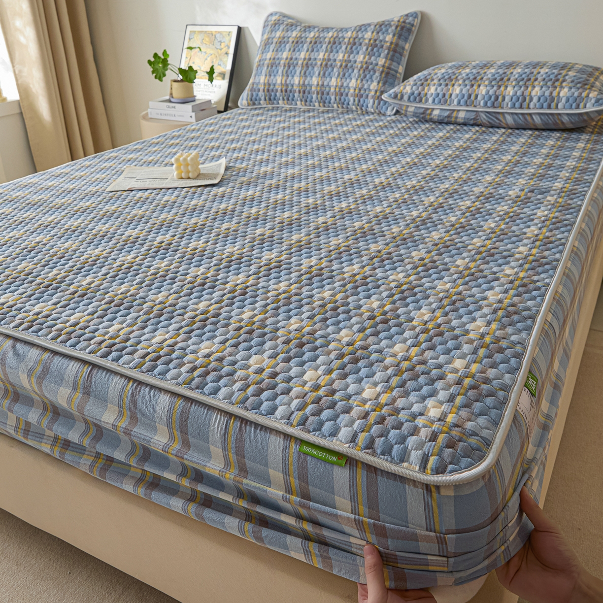 91家纺网 家纺一手货源 找家纺 芬晴家纺 2025新款色织全棉棉花床笠 清风-兰