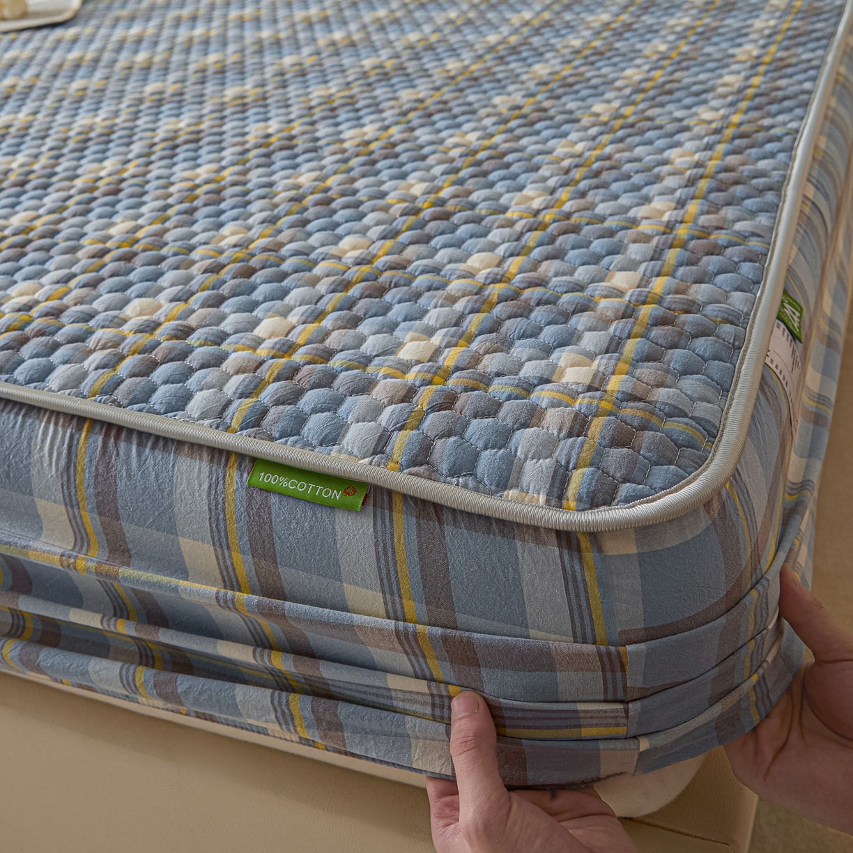 91家纺网 家纺一手货源 找家纺 芬晴家纺 2025新款色织全棉棉花床笠 清风-兰