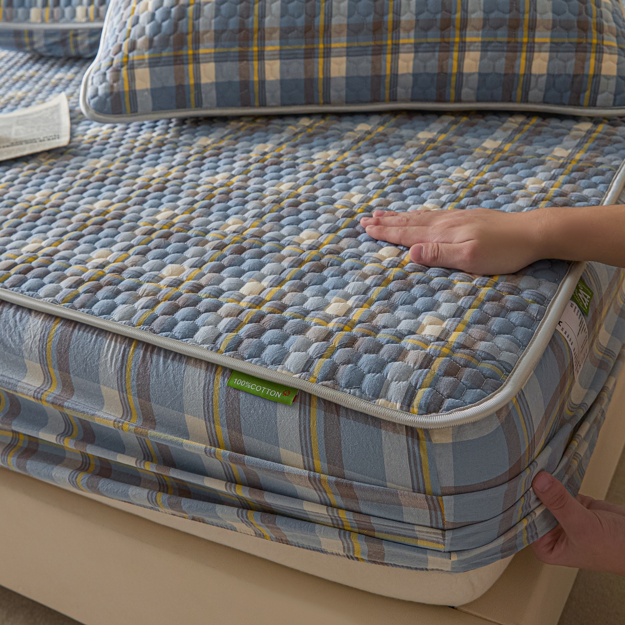 91家纺网 家纺一手货源 找家纺 芬晴家纺 2025新款色织全棉棉花床笠 清风-兰