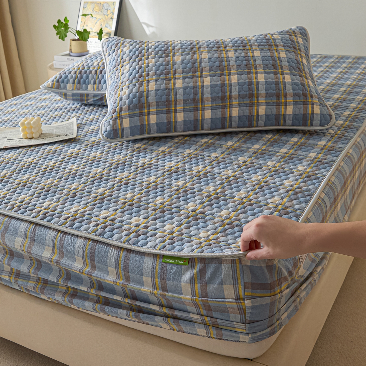 91家纺网 家纺一手货源 找家纺 芬晴家纺 2025新款色织全棉棉花床笠 清风-兰