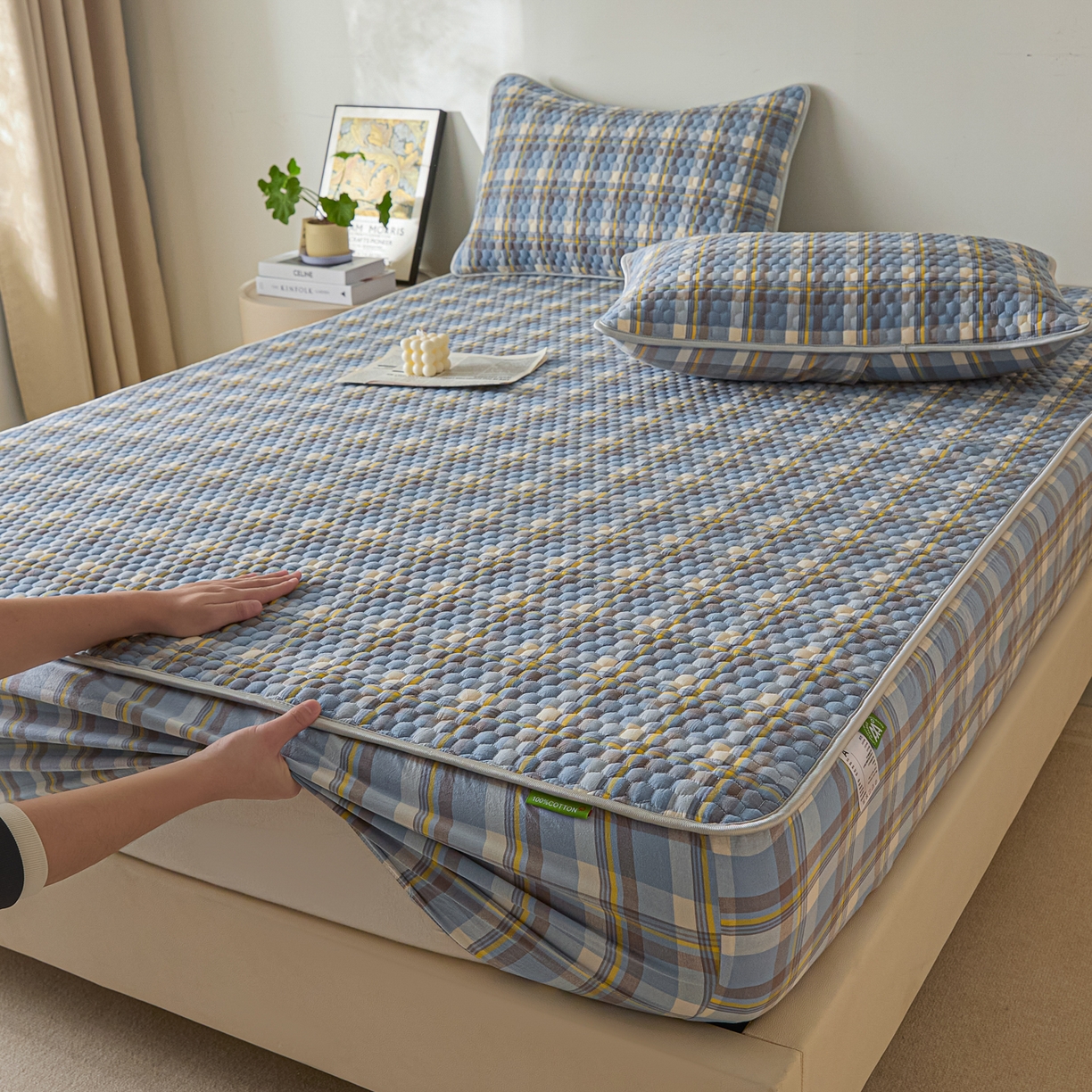 91家纺网 家纺一手货源 找家纺 芬晴家纺 2025新款色织全棉棉花床笠 清风-兰