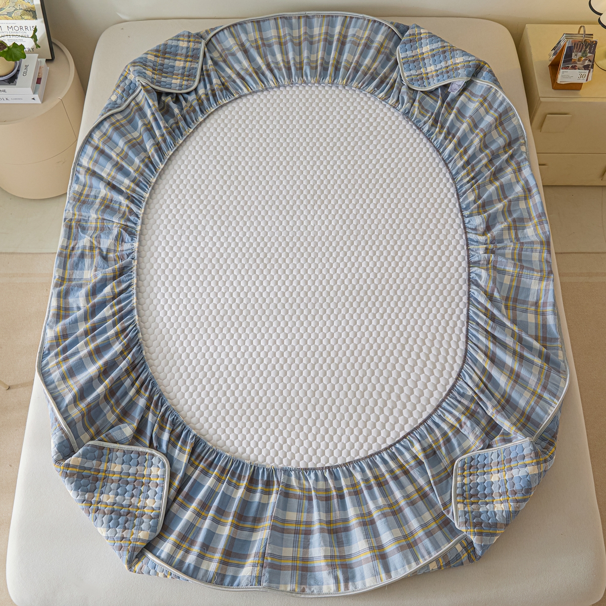 91家纺网 家纺一手货源 找家纺 芬晴家纺 2025新款色织全棉棉花床笠 清风-兰