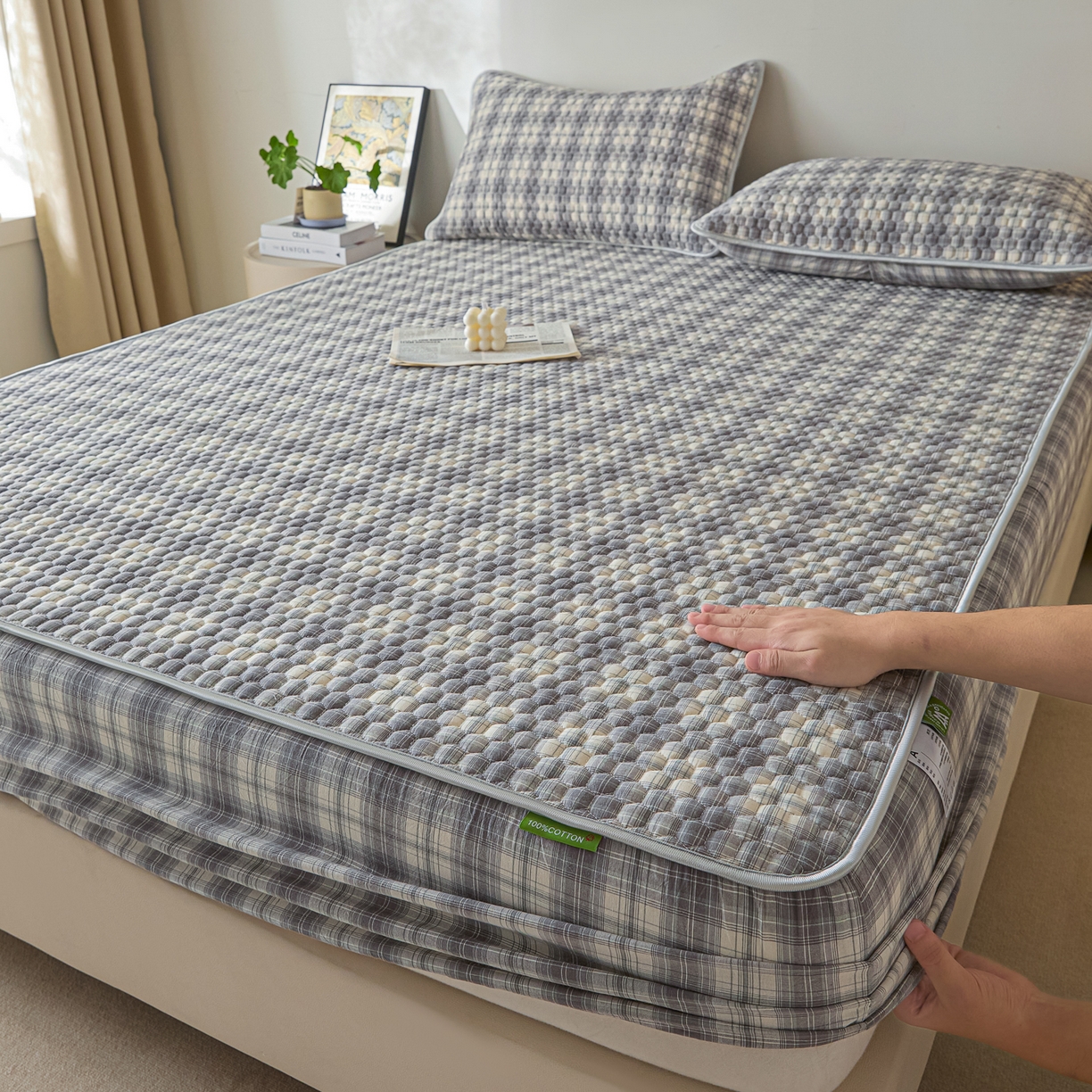 91家纺网 家纺一手货源 找家纺 芬晴家纺 2025新款色织全棉棉花床笠 日常