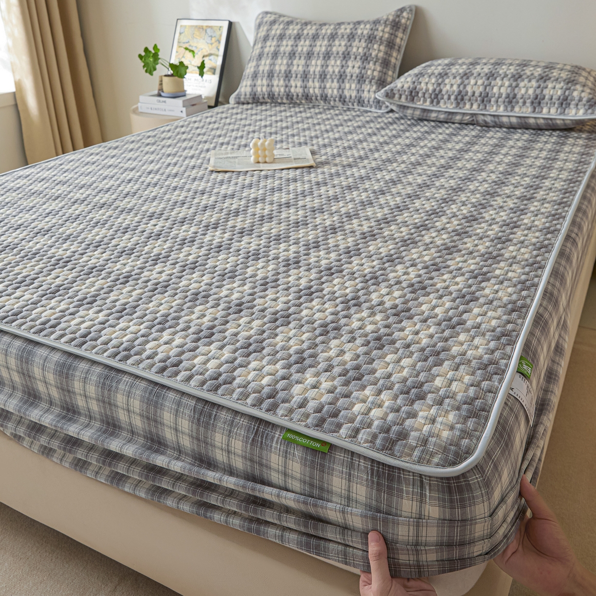 91家纺网 家纺一手货源 找家纺 芬晴家纺 2025新款色织全棉棉花床笠 日常