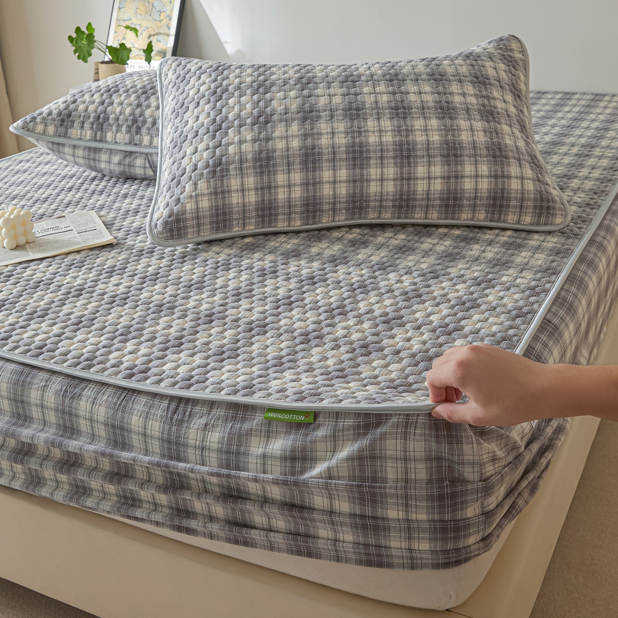 91家纺网 家纺一手货源 找家纺 芬晴家纺 2025新款色织全棉棉花床笠 日常