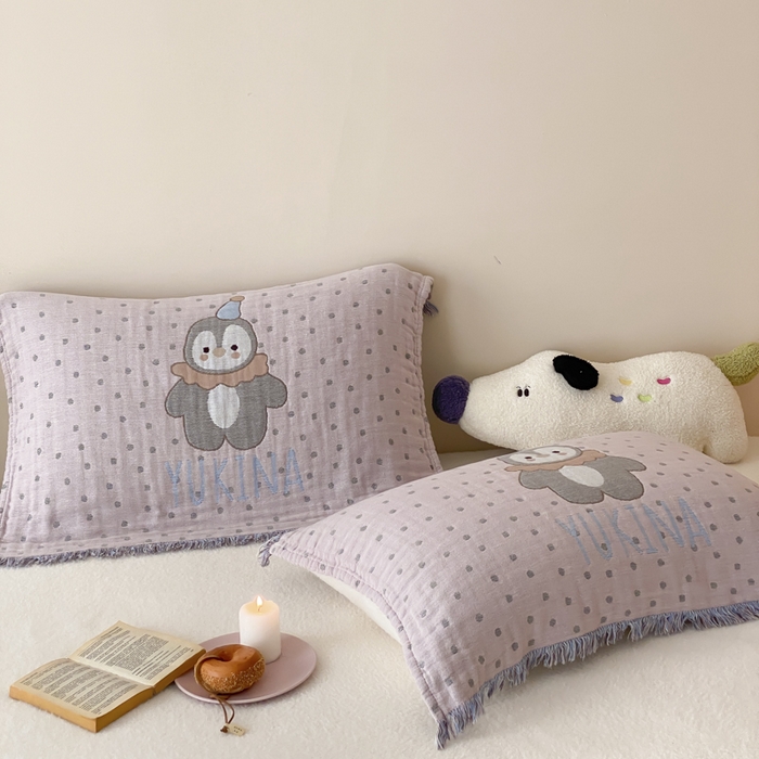 麻依 2025新款全棉四层纱布软萌流苏枕巾 波点企鹅