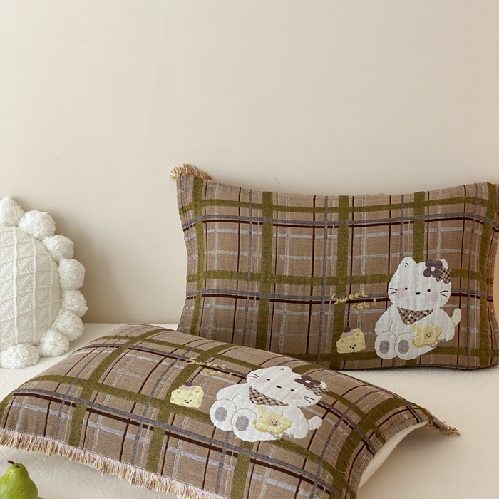 麻依 2025新款全棉四层纱布软萌流苏枕巾 蛋糕小咪