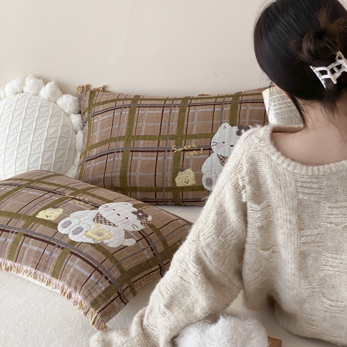 91家纺网 家纺一手货源 找家纺 麻依 2025新款全棉四层纱布软萌流苏枕巾 蛋糕小咪