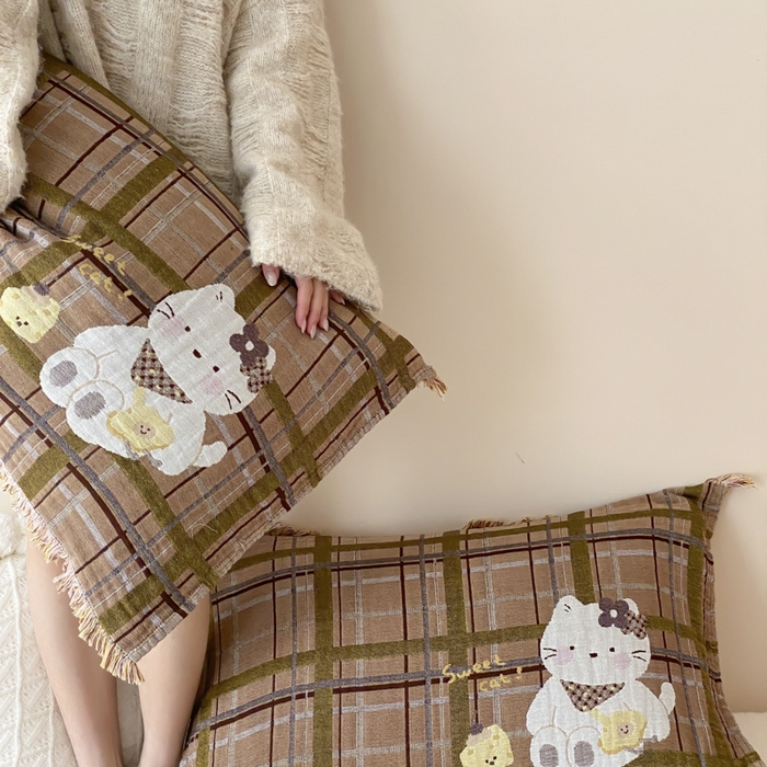 91家纺网 家纺一手货源 找家纺 麻依 2025新款全棉四层纱布软萌流苏枕巾 蛋糕小咪