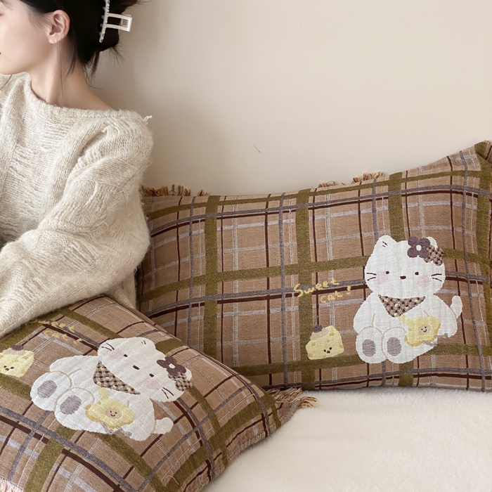 91家纺网 家纺一手货源 找家纺 麻依 2025新款全棉四层纱布软萌流苏枕巾 蛋糕小咪