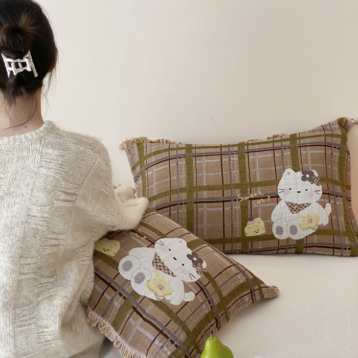 91家纺网 家纺一手货源 找家纺 麻依 2025新款全棉四层纱布软萌流苏枕巾 蛋糕小咪