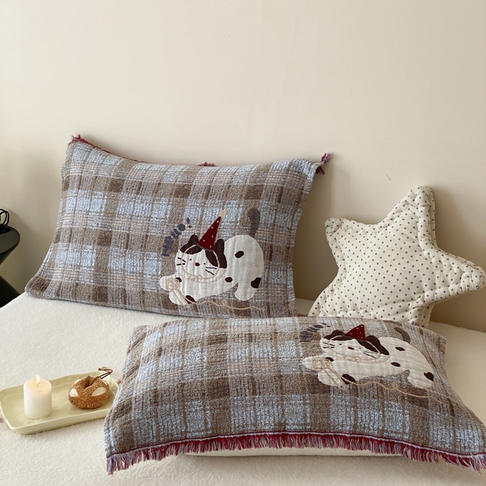 麻依 2025新款全棉四层纱布软萌流苏枕巾 调皮小猫