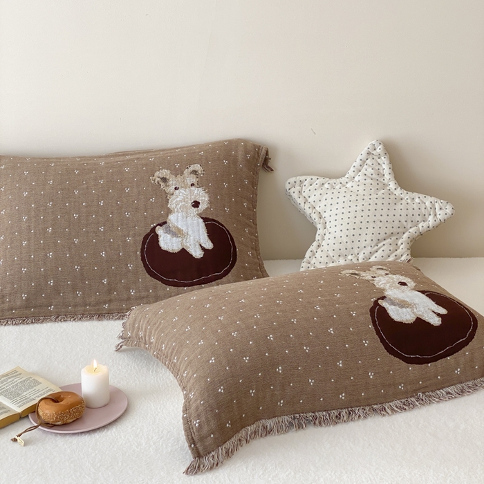 麻依 2025新款全棉四层纱布软萌流苏枕巾 乖乖狗