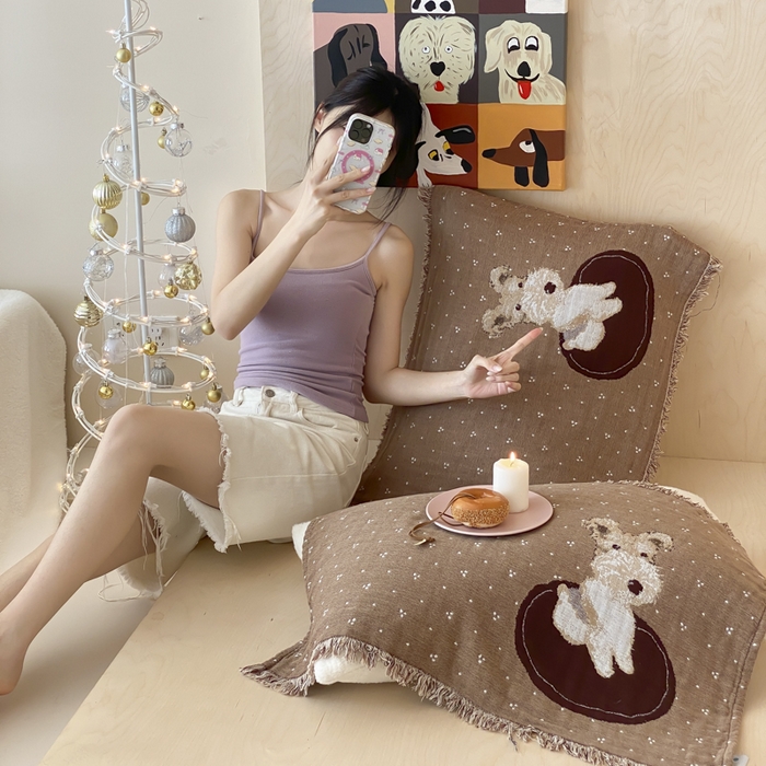 91家纺网 家纺一手货源 找家纺 麻依 2025新款全棉四层纱布软萌流苏枕巾 乖乖狗