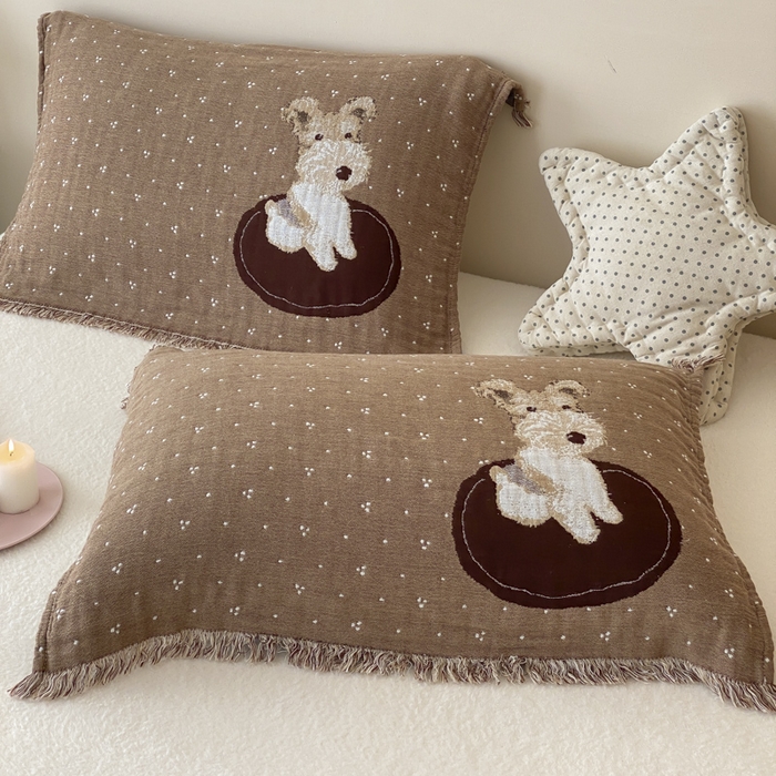 91家纺网 家纺一手货源 找家纺 麻依 2025新款全棉四层纱布软萌流苏枕巾 乖乖狗