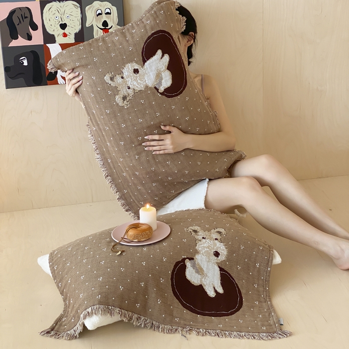 91家纺网 家纺一手货源 找家纺 麻依 2025新款全棉四层纱布软萌流苏枕巾 乖乖狗