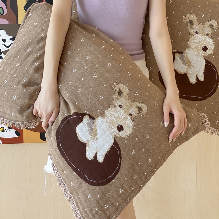 91家纺网 家纺一手货源 找家纺 麻依 2025新款全棉四层纱布软萌流苏枕巾 乖乖狗