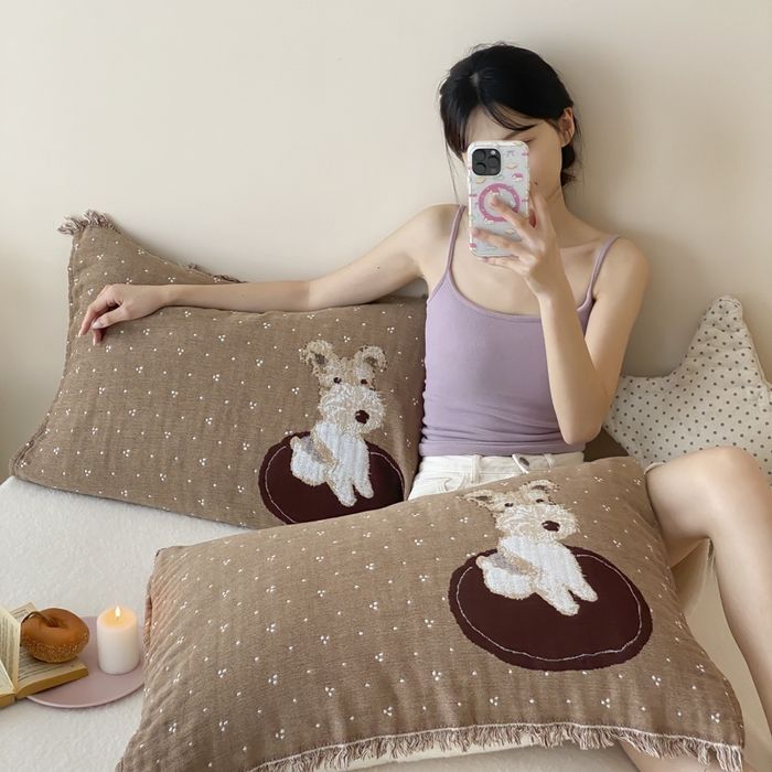 91家纺网 家纺一手货源 找家纺 麻依 2025新款全棉四层纱布软萌流苏枕巾 乖乖狗