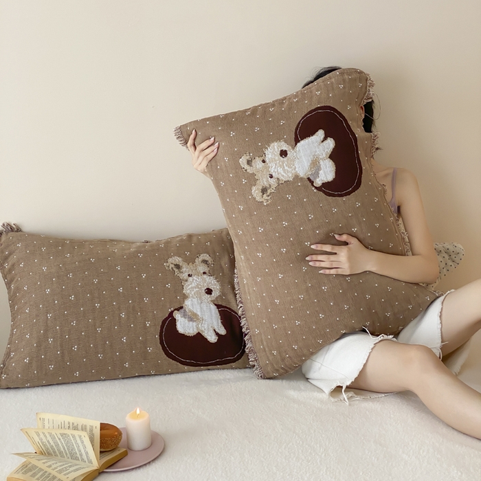 91家纺网 家纺一手货源 找家纺 麻依 2025新款全棉四层纱布软萌流苏枕巾 乖乖狗