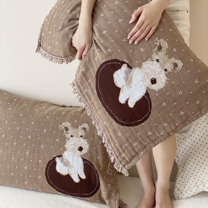 91家纺网 家纺一手货源 找家纺 麻依 2025新款全棉四层纱布软萌流苏枕巾 乖乖狗