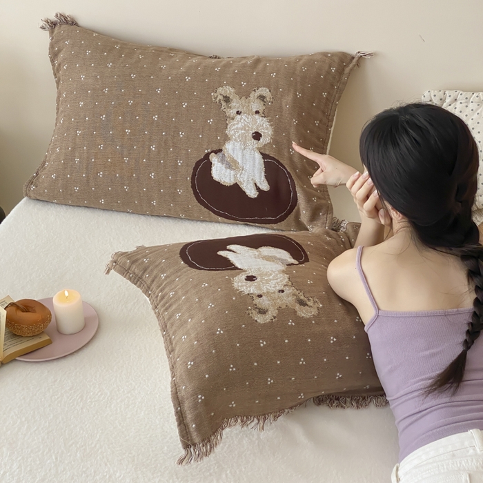 91家纺网 家纺一手货源 找家纺 麻依 2025新款全棉四层纱布软萌流苏枕巾 乖乖狗