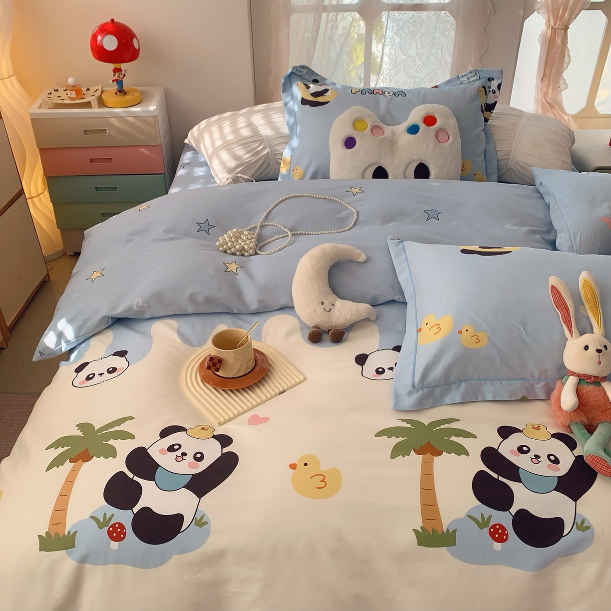 91家纺网 家纺一手货源 找家纺 莱豫家纺 2026新款全棉纯棉小清新印花四件套-第一波 快乐熊猫蓝